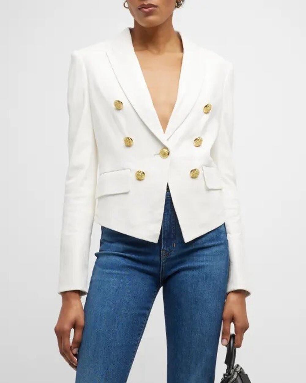 Veronica Beard Cooke Ivory Leather Double-Breasted Blazer Jacket Gold Buttons 00